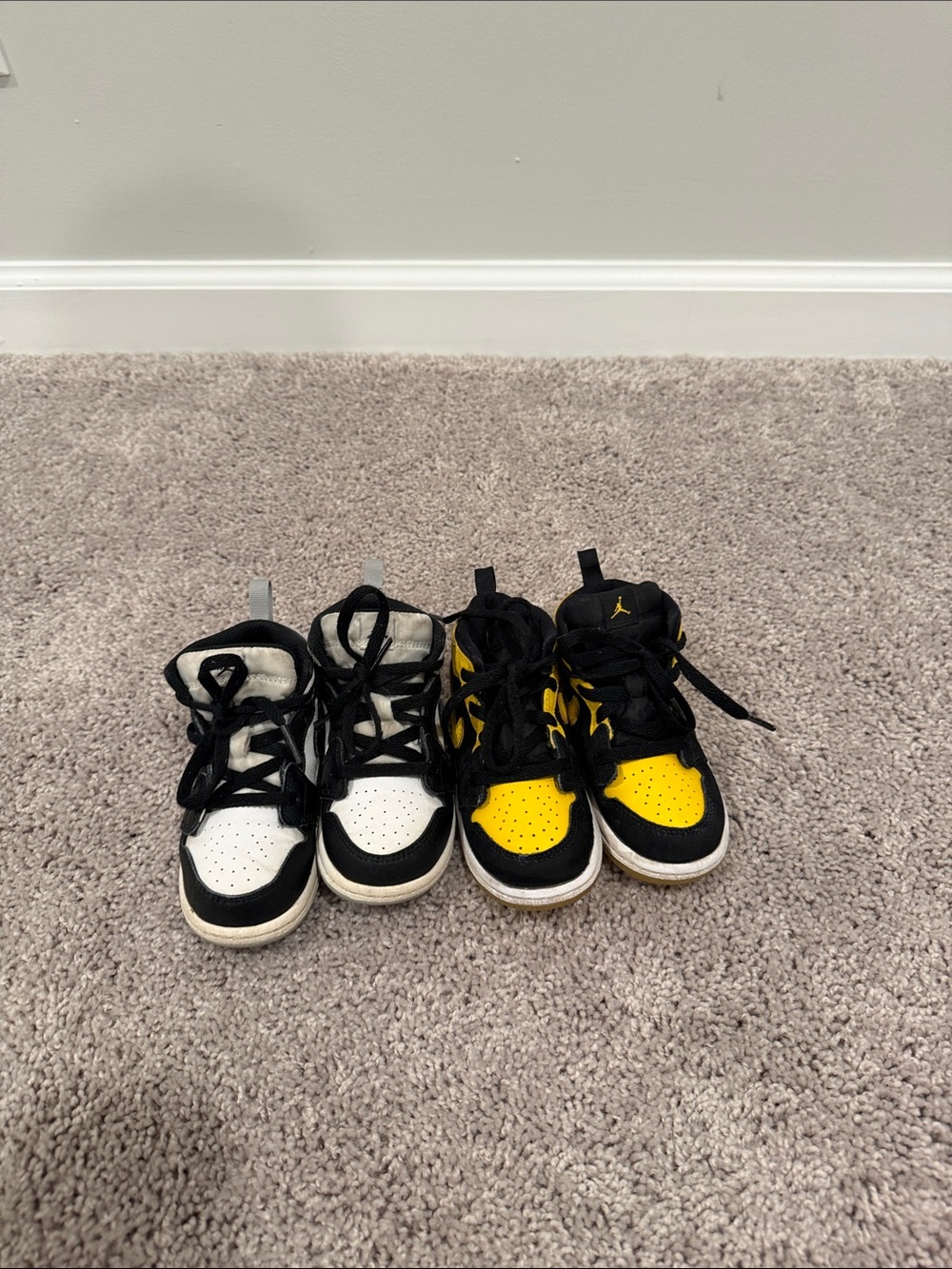 Jordan Kids High-Top Sneakers in White/Black, Yellow/Black, and Red/Black